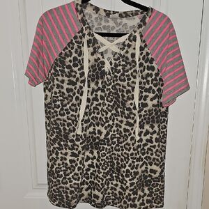 Sew In Love Pink and Black Short Sleeve Tee with Leopard Print